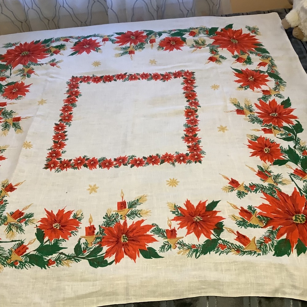 Vintage Christmas Tablecloth Poinsettia Candle Pine Print White Red Green 51x49